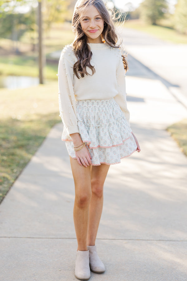 Girls: Can't Help But Love Cream White Pearl Studded Sweater