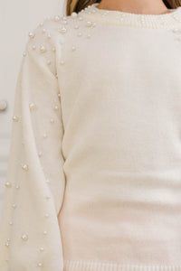 Girls: Can't Help But Love Cream White Pearl Studded Sweater
