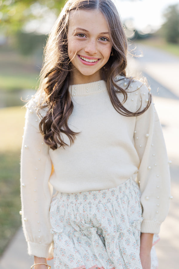 Girls: Can't Help But Love Cream White Pearl Studded Sweater