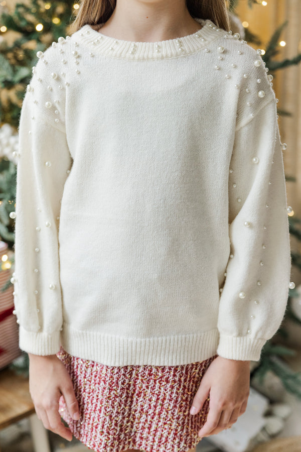 Girls: Can't Help But Love Cream White Pearl Studded Sweater