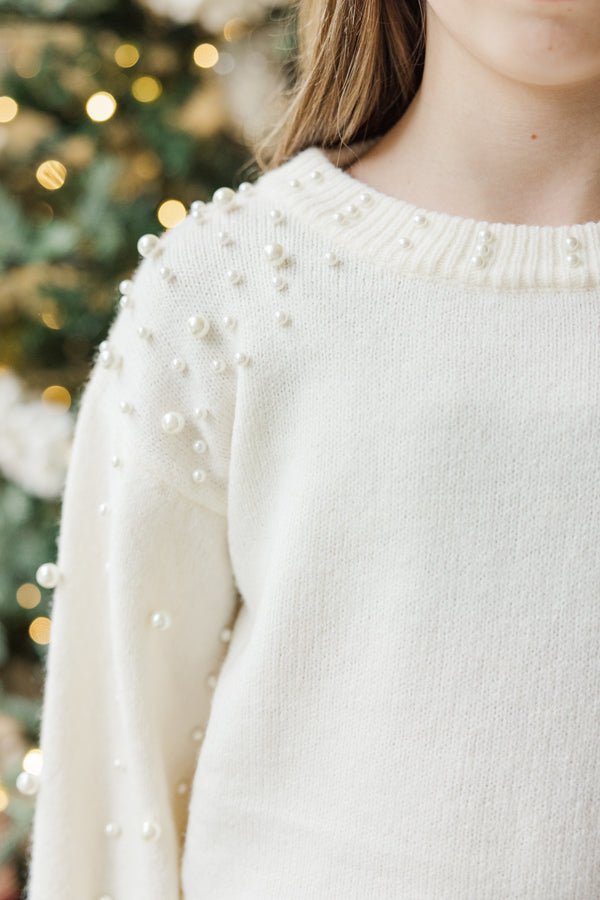 Girls: Can't Help But Love Cream White Pearl Studded Sweater