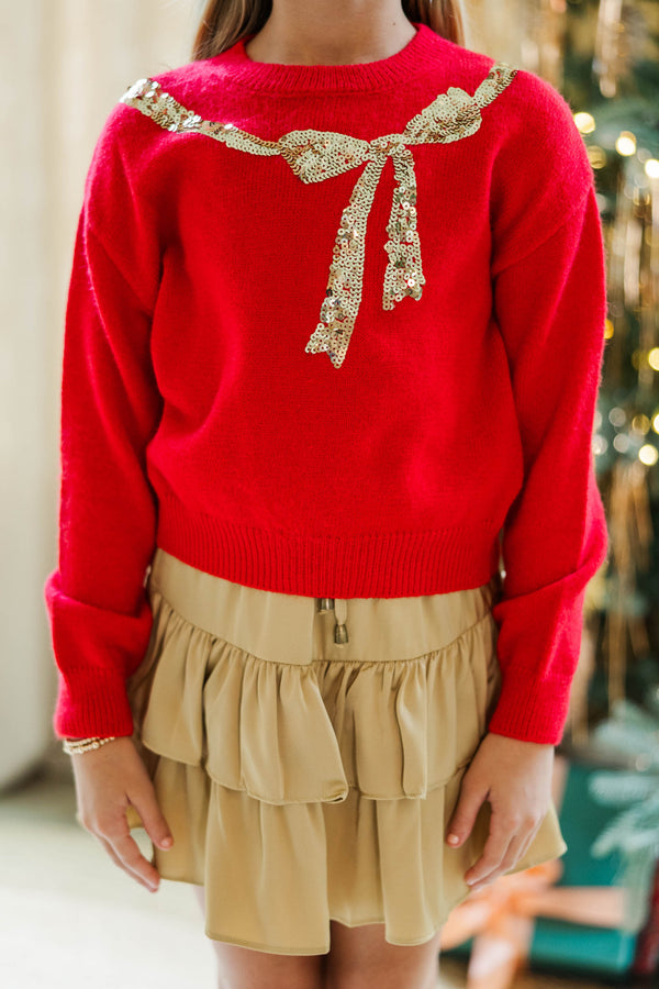 Girls: Feeling Present Red Sequin Bow Sweater