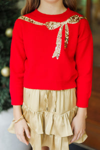 Girls: Feeling Present Red Sequin Bow Sweater