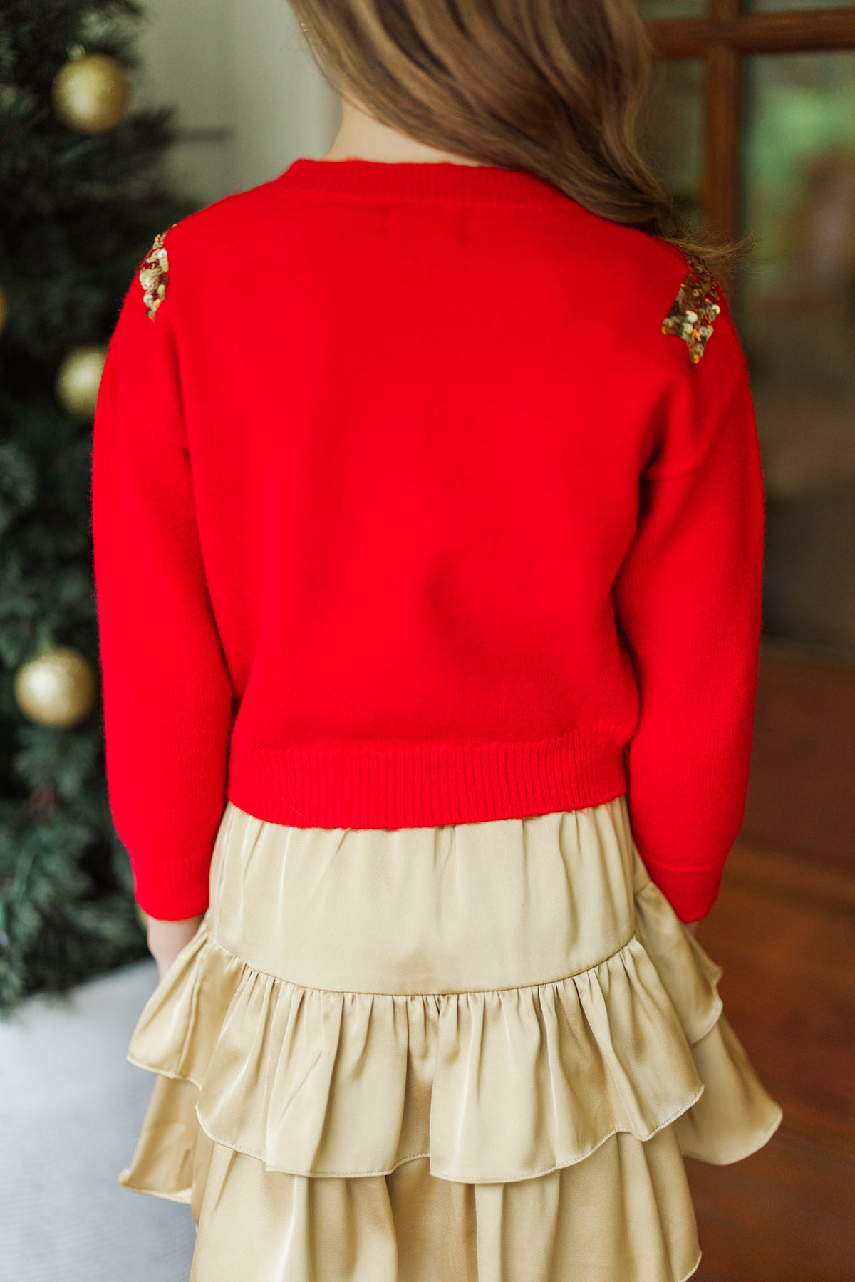 SO ME Wrapped In Sequins Sequins Bow Ribbon Embellished Christmas Sweater in Red/Gold