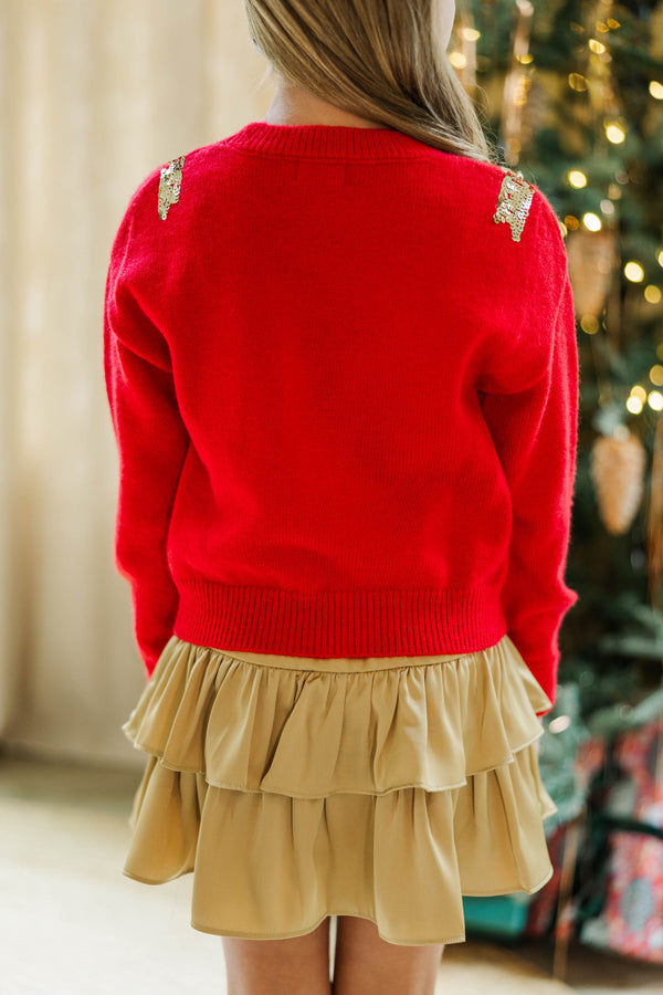 Girls: Feeling Present Red Sequin Bow Sweater