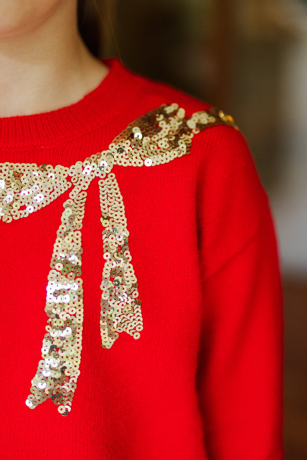 Girls: Feeling Present Red Sequin Bow Sweater