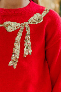 Girls: Feeling Present Red Sequin Bow Sweater