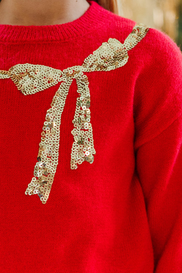 Girls: Feeling Present Red Sequin Bow Sweater