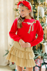 Girls: Feeling Present Red Sequin Bow Sweater