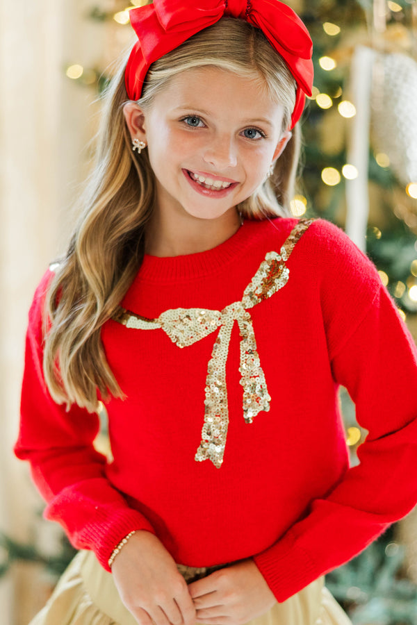 Girls: Feeling Present Red Sequin Bow Sweater