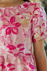 Girls: The Eloise Fuchsia Pink Metallic Floral Dress