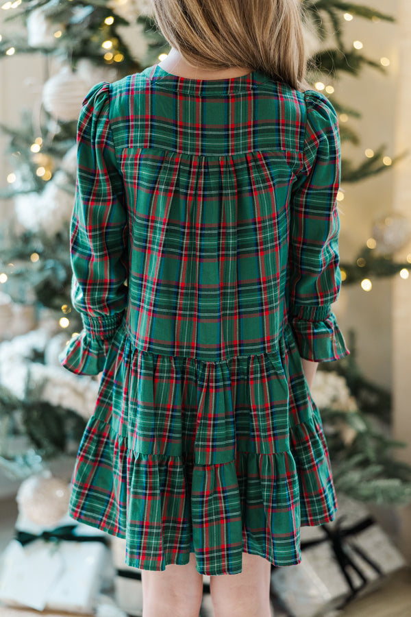 Girls: In Your Happy Place Green Plaid Dress