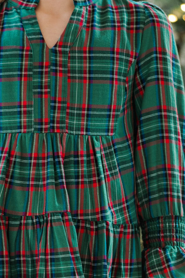 Girls: In Your Happy Place Green Plaid Dress