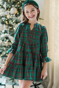 Girls: In Your Happy Place Green Plaid Dress