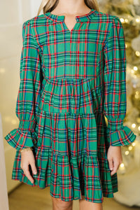Girls: In Your Happy Place Green Plaid Dress