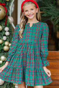 Girls: In Your Happy Place Green Plaid Dress