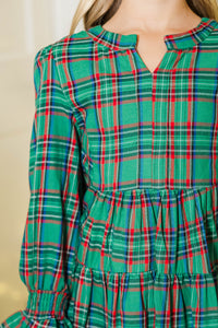 Girls: In Your Happy Place Green Plaid Dress