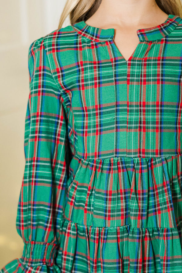 Girls: In Your Happy Place Green Plaid Dress