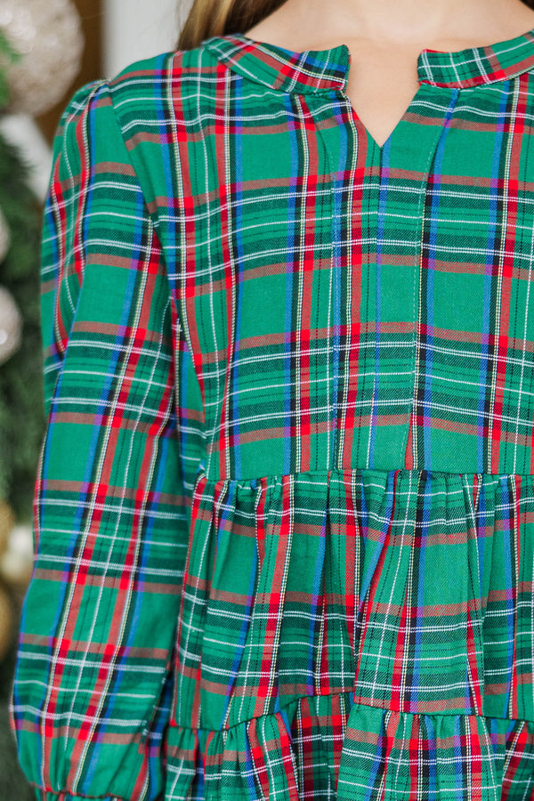 Girls: In Your Happy Place Green Plaid Dress