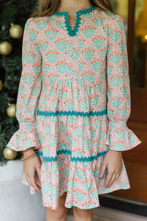 Girls: In Your Happy Place Pink Mistletoe Print Dress