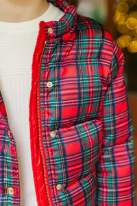 Girls: More The Merrier Red Tartan Plaid Puffer Jacket