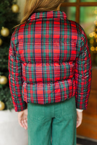 Girls: More The Merrier Red Tartan Plaid Puffer Jacket