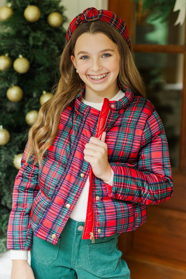 Girls: More The Merrier Red Tartan Plaid Puffer Jacket