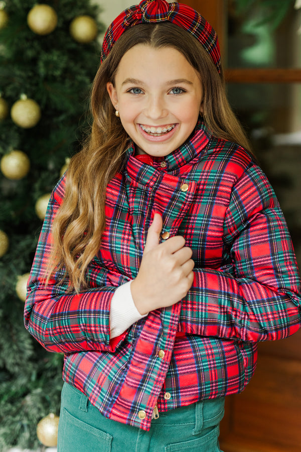 Girls: More The Merrier Red Tartan Plaid Puffer Jacket