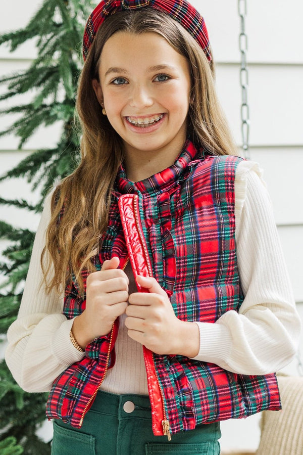 Girls: More The Merrier Red Tartan Plaid Puffer Vest