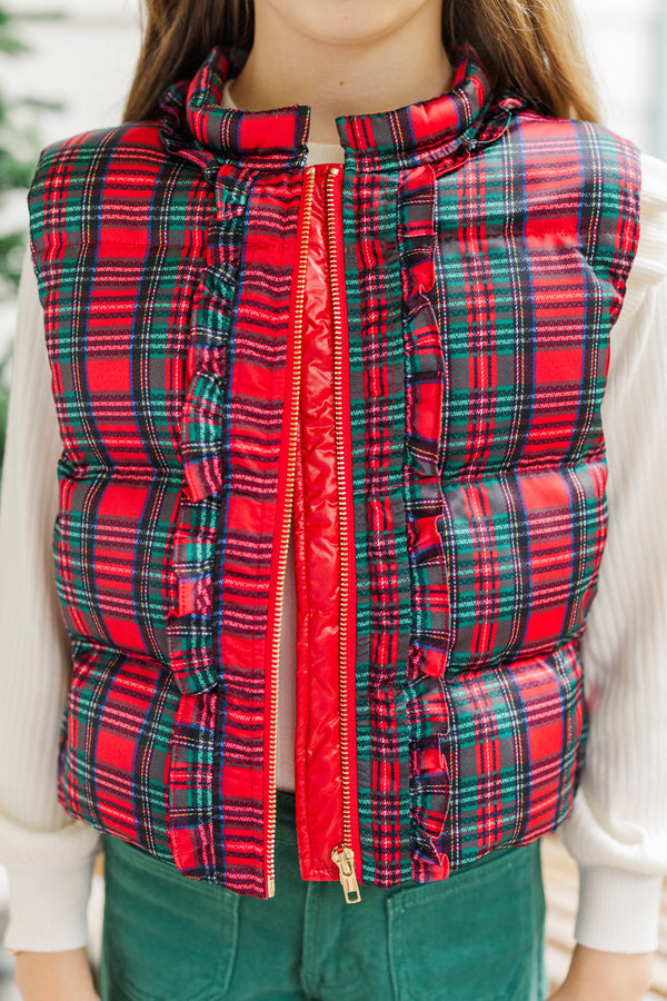 Girls: More The Merrier Red Tartan Plaid Puffer Vest