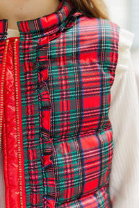 Girls: More The Merrier Red Tartan Plaid Puffer Vest