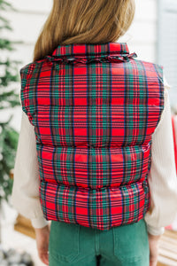 Girls: More The Merrier Red Tartan Plaid Puffer Vest