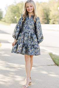 Girls: The Olivia Navy Blue Floral Brocade Dress