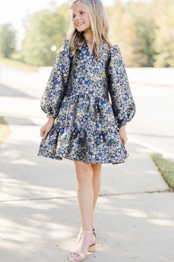 Girls: The Olivia Navy Blue Floral Brocade Dress