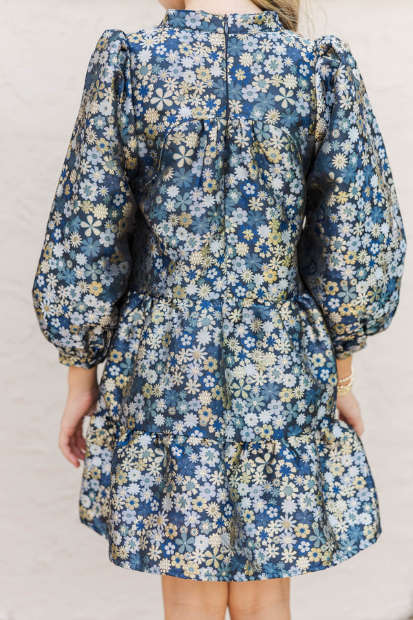 Girls: The Olivia Navy Blue Floral Brocade Dress