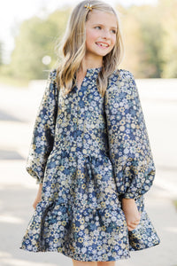 Girls: The Olivia Navy Blue Floral Brocade Dress