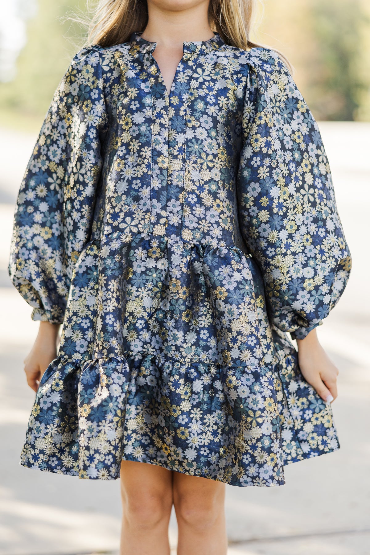 Girls: The Olivia Navy Blue Floral Brocade Dress – Shop the Mint