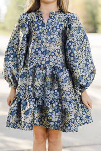 Girls: The Olivia Navy Blue Floral Brocade Dress