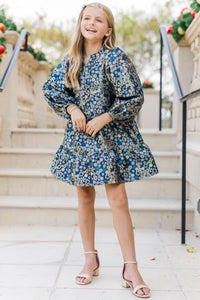 Girls: The Olivia Navy Blue Floral Brocade Dress