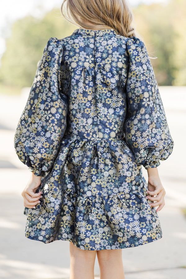 Girls: The Olivia Navy Blue Floral Brocade Dress