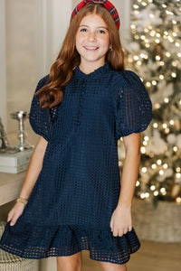 Girls: The Leigha Navy Blue Textured Dress