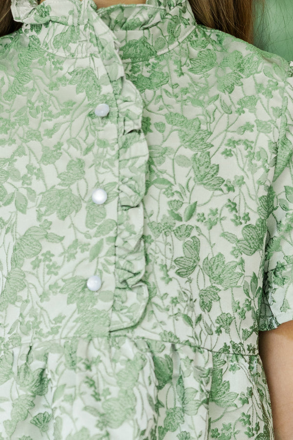 Girls: The Mya Green Floral Brocade Dress