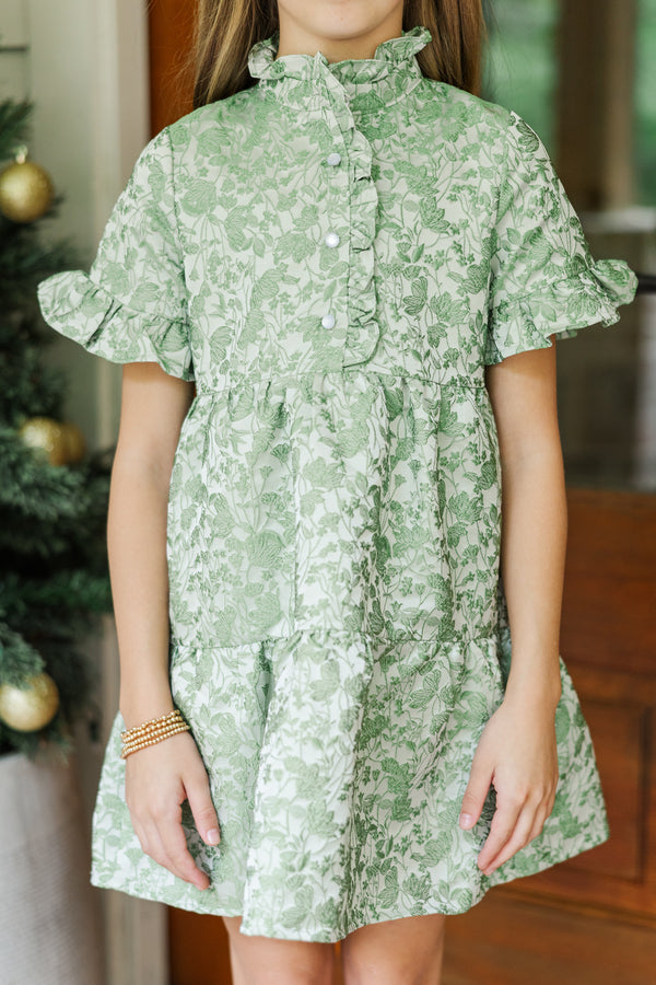 Girls: The Mya Green Floral Brocade Dress