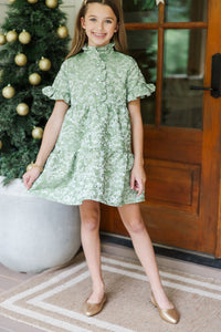 Girls: The Mya Green Floral Brocade Dress