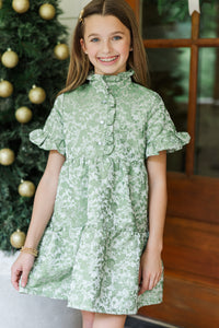 Girls: The Mya Green Floral Brocade Dress