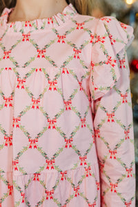 Girls: Make My Day Garland & Bow Print L/S Babydoll Dress