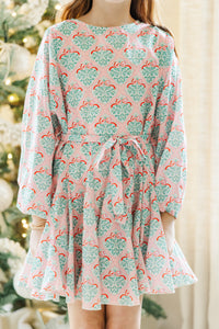 Girls: Stay Close Pink Mistletoe Print Dress