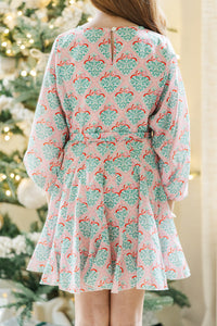 Girls: Stay Close Pink Mistletoe Print Dress