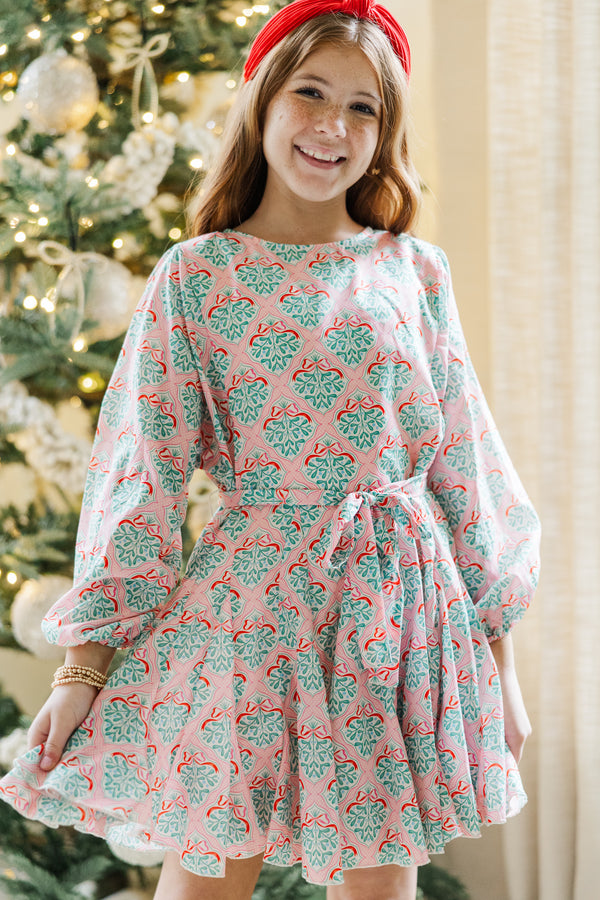 Girls: Stay Close Pink Mistletoe Print Dress