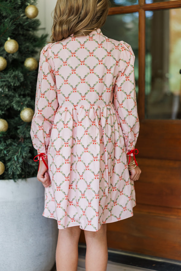 Girls: The Baileigh Pink Bow Print Dress